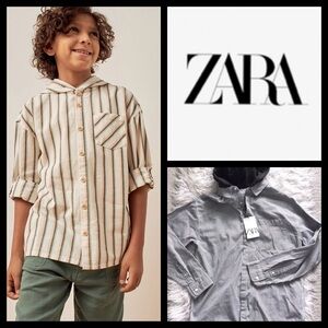 NWT Zara Boys Hooded Striped Button Down Shirt